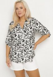 Biała Koszula z Wiskozą w Abstrakcyjny Wzór Clarivana. Białe bluzki damskie Born2be, plus size, bez wzorów, z wiskozy, eleganckie, bez kołnierzyka, plus size, bez ramiączek. Za 44.99 zł.