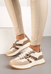 Beżowo-Białe Płaskie Sneakersy z Geometrycznym Wzorem w Panterkę Nawla. Brązowe obuwie sportowe damskie Born2be, bez wzorów. Za 119.99 zł.
