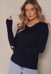 Granatowy Minimalistyczny Sweter z Dekoltem w Kształcie Litery V Sinovae. Niebieskie swetry damskie Renee, m, bez wzorów, z jeansu, casualowe, bez kołnierzyka, bez ramiączek, bez kaptura. Za 44.99 zł.
