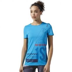 Koszulka treningowa damska Reebok S94255. Niebieskie koszulki sportowe damskie Reebok, l, bez wzorów, z materiału, bez kołnierzyka, bez ramiączek, do biegania. Za 192.00 zł.