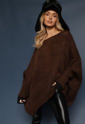 Brązowy Luźny Sweter Dzianinowy w Stylu Ponczo Nattava. Brązowe swetry damskie Renee, uniwersalny, bez wzorów, z dzianiny, casualowe, bez kołnierzyka, bez ramiączek, bez kaptura. Za 84.99 zł.