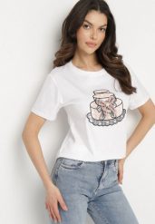 Biały T-shirt z Bawełny Ozdobiony Nadrukiem i Kokardą 3D Sanathien. Białe bluzki damskie Born2be, l, z aplikacjami, z bawełny, klasyczne, bez kołnierzyka. Za 34.99 zł.