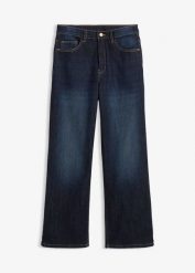 Jeansy ocieplane, wide leg, z dżersejową podszewką, mid waist. Niebieskie jeansy dla dziewczynek bonprix, z dżerseju. Za 149.99 zł.