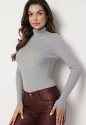Szary Golf Klasyczny z Prążkowanego Materiału Eridaria. Szare swetry damskie Born2be, m, z aplikacjami, z jeansu, eleganckie, bez kołnierzyka, bez ramiączek, długie, bez kaptura. Za 39.99 zł.