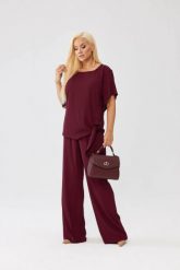 Elegancki komplet Rosa bluzka i spodnie w bordowym kolorze OVERSIZE PLUS SIZE XXL JESIEŃ. Czerwone spodnie materiałowe damskie Moda Size Plus Iwanek, plus size, bez wzorów, z elastanu, z podwyższonym stanem. Za 489.90 zł.