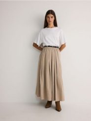 Spódnica maxi z marszczeniami - beżowy. Brązowe spódnice damskie Reserved, l, bez wzorów, z tkaniny, maxi, rozkloszowane. W wyprzedaży za 119.99 zł.