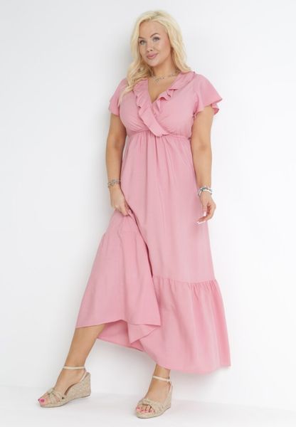 Różowa Rozkloszowana Sukienka Maxi z Gumką w Pasie z Falbankami Aimelia. Czerwone sukienki damskie Born2be, na lato, l, bez wzorów, bez kołnierzyka, plus size, bez ramiączek, maxi, kopertowe. Za 69.99 zł.