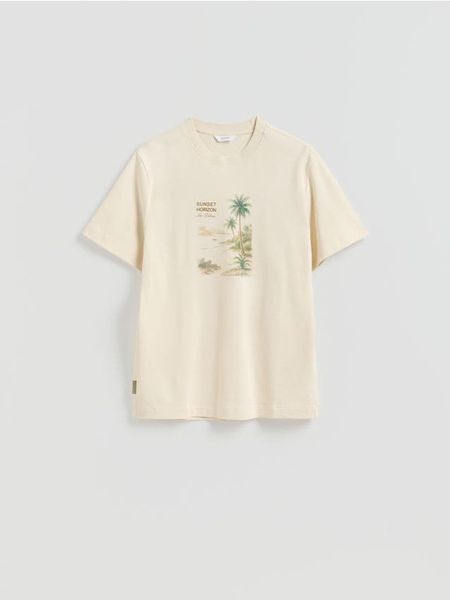 T-shirt regular z nadrukiem - kremowy. Białe t-shirty męskie Reserved, l, bez wzorów, z bawełny, bez kołnierzyka. W wyprzedaży za 32.99 zł.
