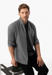 Szara koszula, Slim Fit, K-BELANOS. Szare koszule męskie Volcano, m, bez wzorów, z bawełny, casualowe, bez kołnierzyka, bez ramiączek. Za 139.99 zł.