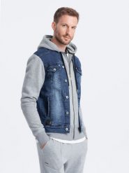 Dzianinowa kurtka męska z kapturem i jeansowymi wstawkami – szaro-niebieska V1. Szare kurtki męskie Ombre Clothing, l, bez wzorów, z dresówki, z kapturem. W wyprzedaży za 149.99 zł.