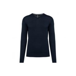 Ekologiczny sweter z dekoltem w szpic Kariban. Niebieskie swetry przez głowę męskie KARIBAN, m, bez wzorów, bez kołnierzyka. Za 211.50 zł.