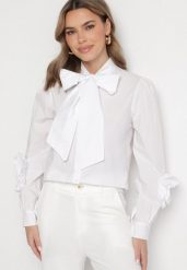 Biała Koszula z Ozdobnym Wiązaniem i Falbankami Zalimira. Białe bluzki damskie Born2be, bez wzorów, z jeansu, eleganckie, bez kołnierzyka, bez ramiączek. Za 99.99 zł.