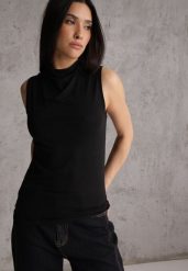 Czarna Bluzka Top Bez Rękawów ze Stójką Nedire. Czarne koszule damskie Renee, m, bez wzorów, z elastanu, eleganckie, bez kołnierzyka, bez ramiączek. Za 79.99 zł.