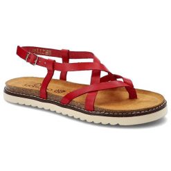 Czerwone Sandały Yokono Wygodne Skórzane Buty. Czerwone klapki damskie Yokono, bez wzorów, ze skóry, bez obcasa, bez zapięcia. Za 169.00 zł.