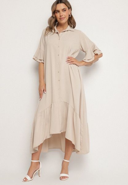 Beżowa Sukienka Koszulowa z Ozdobną Falbanką Daviravie. Brązowe sukienki damskie Born2be, na co dzień, bez wzorów, eleganckie, bez kołnierzyka, bez ramiączek, midi, koszulowe. Za 99.99 zł.
