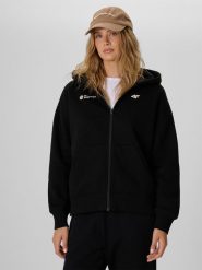 4F Bluza dresowa relaxed z kapturem damska - czarna XL. Czarne bluzy sportowe damskie 4f, xl, bez wzorów, z dresówki, z kapturem, na fitness i siłownię. Za 199.99 zł.