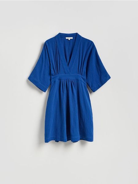 Muślinowa sukienka mini - niebieski. Niebieskie sukienki damskie Reserved, l, bez wzorów, z bawełny, bez kołnierzyka, bez ramiączek, mini, rozkloszowane. W wyprzedaży za 89.99 zł.