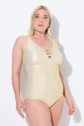 Damski Strój kąpielowy wzór w fale miękkie miseczki regulowane ramiączka. Brązowe kostiumy jednoczęściowe damskie Ulla Popken, plus size, bez wzorów, z elastanu, plus size, do pływania. Za 233.99 zł.