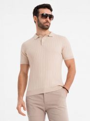 Męska koszulka polo z wiskozą SLIM FIT w pionowy prążek – beżowa V2 OM-POSS-0143 - XXL. Brązowe koszulki polo męskie Ombre Clothing, m, bez wzorów, z dzianiny, eleganckie, bez ramiączek. W wyprzedaży za 99.99 zł.