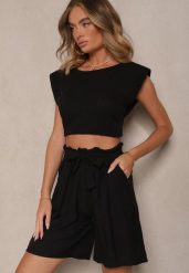 Czarne Szorty z Wiskozy High Waist Ozdobione Paskiem Lumilirae. Czarne szorty damskie Renee, na lato, uniwersalny, bez wzorów, z wiskozy, eleganckie, z podwyższonym stanem. Za 34.99 zł.