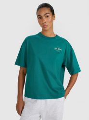 4F T-shirt oversize z nadrukiem damski - turkusowy XS. Niebieskie koszulki sportowe damskie 4f, uniwersalny, bez wzorów, z bawełny, bez kołnierzyka, bez ramiączek. W wyprzedaży za 39.99 zł.