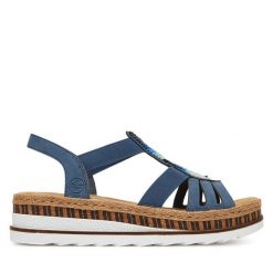 Sandały Rieker. Niebieskie klapki damskie Rieker, bez wzorów, bez obcasa, na koturnie, bez zapięcia. Za 219.99 zł.