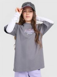 4F T-shirt oversize z nadrukiem dziewczęcy - szary 140 (9-10 lat). Szare t-shirty i topy dla dziewczynek 4f, bez wzorów, z bawełny, bez ramiączek. W wyprzedaży za 39.99 zł.