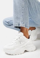 Białe Sneakersy na Grubej Podeszwie z Metalicznymi Wstawkami i Siateczką Aterim. Białe obuwie sportowe damskie Born2be, bez wzorów. Za 89.99 zł.