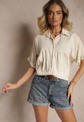 Jasnobeżowa Koszula z Wiskozą Ozdobiona Falbankami Oleldi. Brązowe bluzki damskie Renee, bez wzorów, z jeansu, eleganckie, bez kołnierzyka, bez ramiączek. Za 54.99 zł.