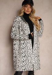 Biało-Czarny Niezapinany Kardigan z Kieszeniami w Panterkowy Print Riaverna. Białe kardigany damskie Renee, bez wzorów, eleganckie, bez kołnierzyka, bez ramiączek, bez kaptura. Za 109.99 zł.