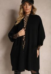 Czarny Kardigan Bez Zapięć Ozdobiony Guzikami i Wsuwanymi Kieszeniami Asindra. Czarne kardigany damskie Renee, uniwersalny, bez wzorów, z jeansu, eleganckie, bez kołnierzyka, bez ramiączek, bez kaptura. Za 119.99 zł.
