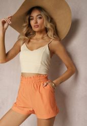 Pomarańczowe Szorty High Waist z Gumką w Pasie Kerpia. Brązowe szorty damskie Renee, l, bez wzorów, z bawełny, eleganckie, z podwyższonym stanem. Za 39.99 zł.