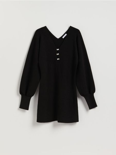 Dzianinowa sukienka mini - czarny. Czarne sukienki damskie Reserved, l, bez wzorów, z dzianiny, bez kołnierzyka, bez ramiączek, mini, dopasowane. Za 149.99 zł.
