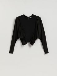 Bluzka z poduszkami na ramionach - czarny. Czarne bluzki damskie Reserved, l, bez wzorów, z tkaniny, bez kołnierzyka, bez ramiączek. Za 139.99 zł.