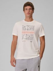 4F T-shirt regular z nadrukiem męski - kremowy S. Białe t-shirty męskie 4f, m, bez wzorów, z bawełny, biznesowe, bez kołnierzyka. Za 69.99 zł.