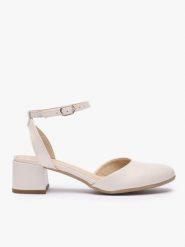 Kremowe ślubne czółenka ze skóry licowej. Brązowe czółenka damskie Ryłko, bez wzorów, ze skóry, eleganckie, z okrągłym noskiem, bez obcasa, na obcasie, bez zapięcia. Za 399.99 zł.