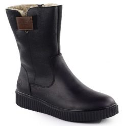 Skórzane botki damskie na platformie czarne Rieker Y4355-00. Czarne botki damskie Rieker, ze skóry, bez obcasa, na platformie, bez zapięcia. Za 419.00 zł.