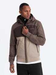 Lekka kolorowa męska sportowa kurtka z polarem – beżowo-ciemnobrązowa V19 OM-JANP-0194 - XXL. Brązowe kurtki męskie Ombre Clothing, l, bez wzorów, z materiału. W wyprzedaży za 199.99 zł.