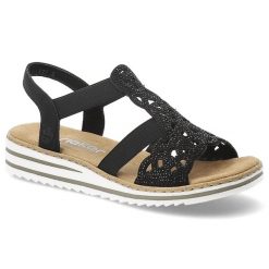 Sandały damskie Rieker, cholewka ze skóry ekologicznej z ażurowym wzorem elastyczne paski płaska podeszwa, czarne, V0646-00. Czarne klapki damskie Rieker, w ażurowe wzory, ze skóry ekologicznej, eleganckie, bez obcasa, na płaskiej podeszwie. Za 287.90 zł.