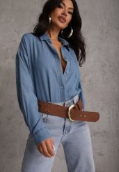 Niebieska Denimowa Koszula z Bawełną i Kieszonką Worimi. Niebieskie bluzki damskie Renee, bez wzorów, z bawełny, bez kołnierzyka, bez ramiączek. Za 99.99 zł.