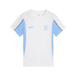Męska koszulka Manchester City ftblARCHIVE PUMA White Team Light Blue. Białe koszulki sportowe męskie Puma, m, bez wzorów, z gumy, bez kołnierzyka, bez ramiączek, do piłki nożnej. W wyprzedaży za 145.70 zł.