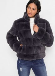 Kurtka ze sztucznego futerka z zamkiem. Szare kurtki damskie bonprix, bez wzorów, bez kaptura. Za 329.99 zł.