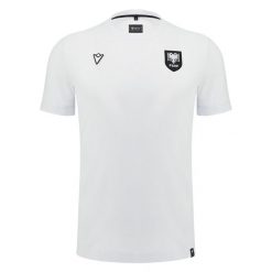 Koszulka Albańska Travel 2024/25. Białe koszulki sportowe męskie Macron, bez wzorów, bez kołnierzyka, bez ramiączek, do piłki nożnej. Za 224.50 zł.