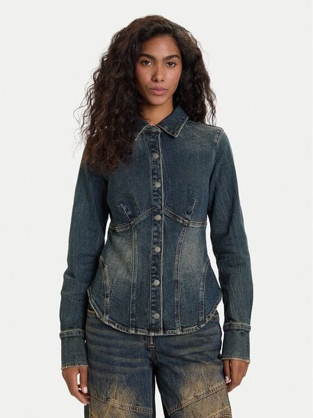 Guess Jeans Koszula jeansowa W5BH47 D4ON3 Granatowy Regular Fit. Niebieskie bluzki damskie Guess Jeans, xl, z aplikacjami, z bawełny, bez kołnierzyka, bez ramiączek. Za 329.99 zł.