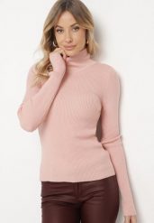 Jasnoróżowy Prążkowany Golf z Wiskozą o Dopasowanym Kroju z Odkrytymi Plecami z Wiązaniem Elattia. Czerwone swetry damskie Born2be, m, bez wzorów, z jeansu, eleganckie, bez kołnierzyka, bez ramiączek, długie, bez kaptura. Za 99.99 zł.