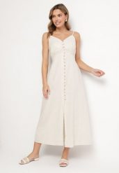 Jasnobeżowa Bawełniana Sukienka o Rozkloszowanym Kroju na Ramiączkach z Guzikami Firbia. Brązowe sukienki damskie Born2be, na co dzień, na lato, l, bez wzorów, z bawełny, eleganckie, bez kołnierzyka, bez ramiączek, rozkloszowane. Za 119.99 zł.