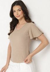 Ciemnobeżowa Bluzka z Szerokimi Rękawami Sunevia. Brązowe bluzki damskie Born2be, m, bez wzorów, z jeansu, eleganckie, bez kołnierzyka, bez ramiączek. Za 39.99 zł.