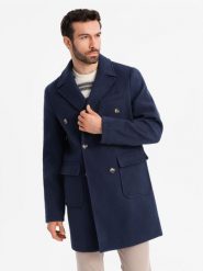 Dwurzędowy męski płaszcz z ozdobnymi guzikami – indygo V1 - Rozmiar: XL. Płaszcze męskie Ombre Clothing, m, bez wzorów, z materiału, eleganckie, długie, bez kaptura. W wyprzedaży za 374.99 zł.