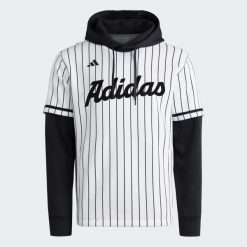 Koszulka z kapturem adidas Dugout Pinstripe. Białe koszulki sportowe męskie Adidas, l, bez wzorów, z bawełny, bez kołnierzyka, bez ramiączek. Za 529.00 zł.