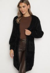 Czarny Niezapinany Kardigan z Wełną i Wsuwanymi Kieszeniami Riabelle. Czarne kardigany damskie Born2be, bez wzorów, z jeansu, eleganckie, długie. Za 99.99 zł.